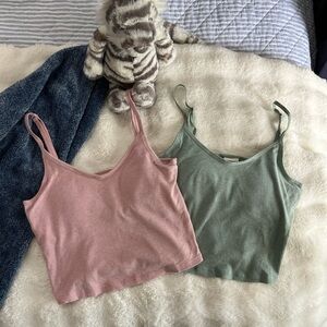 Women's Pink and Green Ribbed Tank Tops